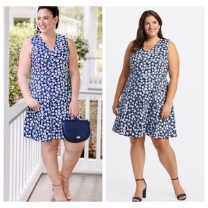 Draper James Floral Love Circle Dress‎ Blue White Sleeveless V-Neck Cotton Sz 14